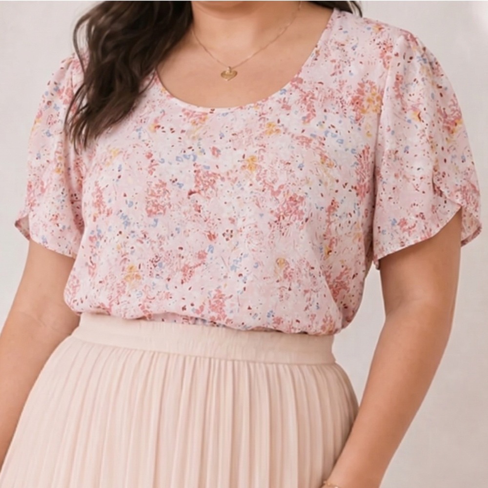 Maurices Pink Floral Scoop Neck Cinched Sleeve Blouse Top XXL